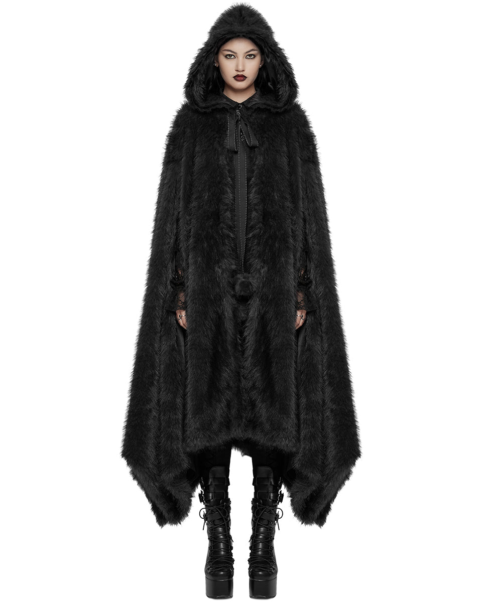 WY-1663DPF Womens Long Gothic Faux Fur Asymmetric Hooded Winter Cloak - Black