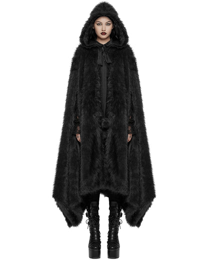 WY-1663DPF Womens Long Gothic Faux Fur Asymmetric Hooded Winter Cloak - Black