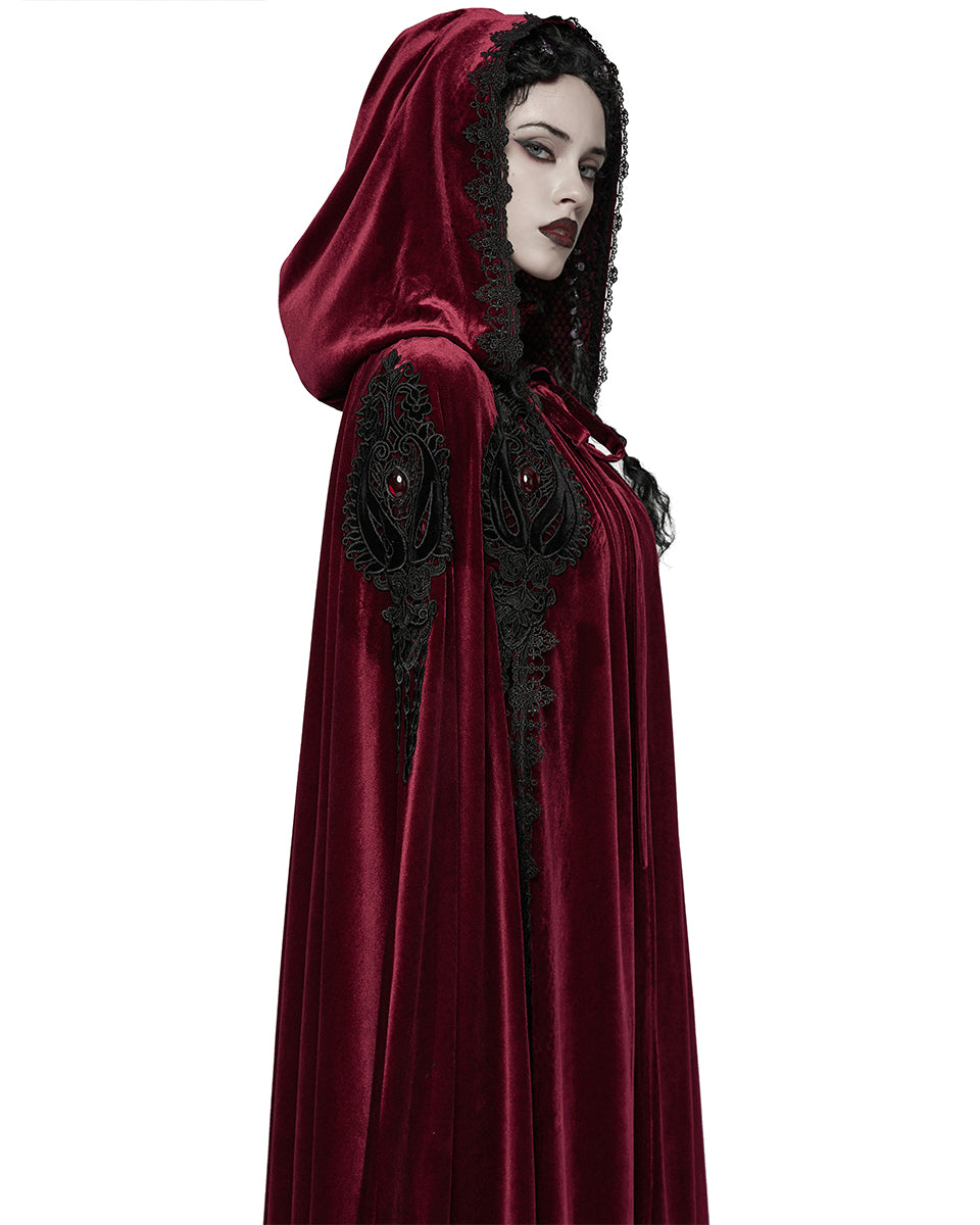 WY-1824DPF Womens Long Gothic Velvet & Lace Applique Hooded Cloak - Red & Black