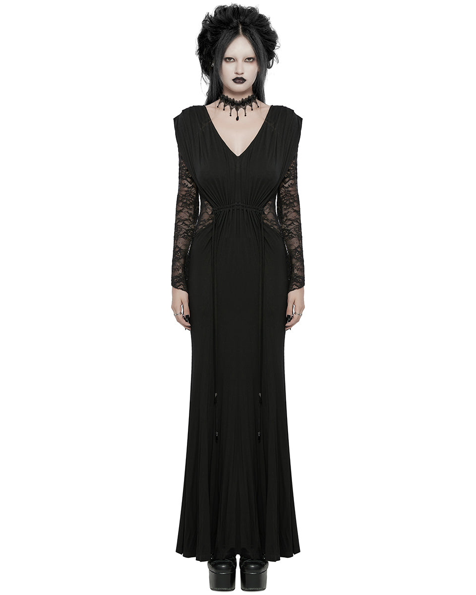 WQ-759LQF Womens Long Gothic Lace Sleeves Ruched Maxi Dress