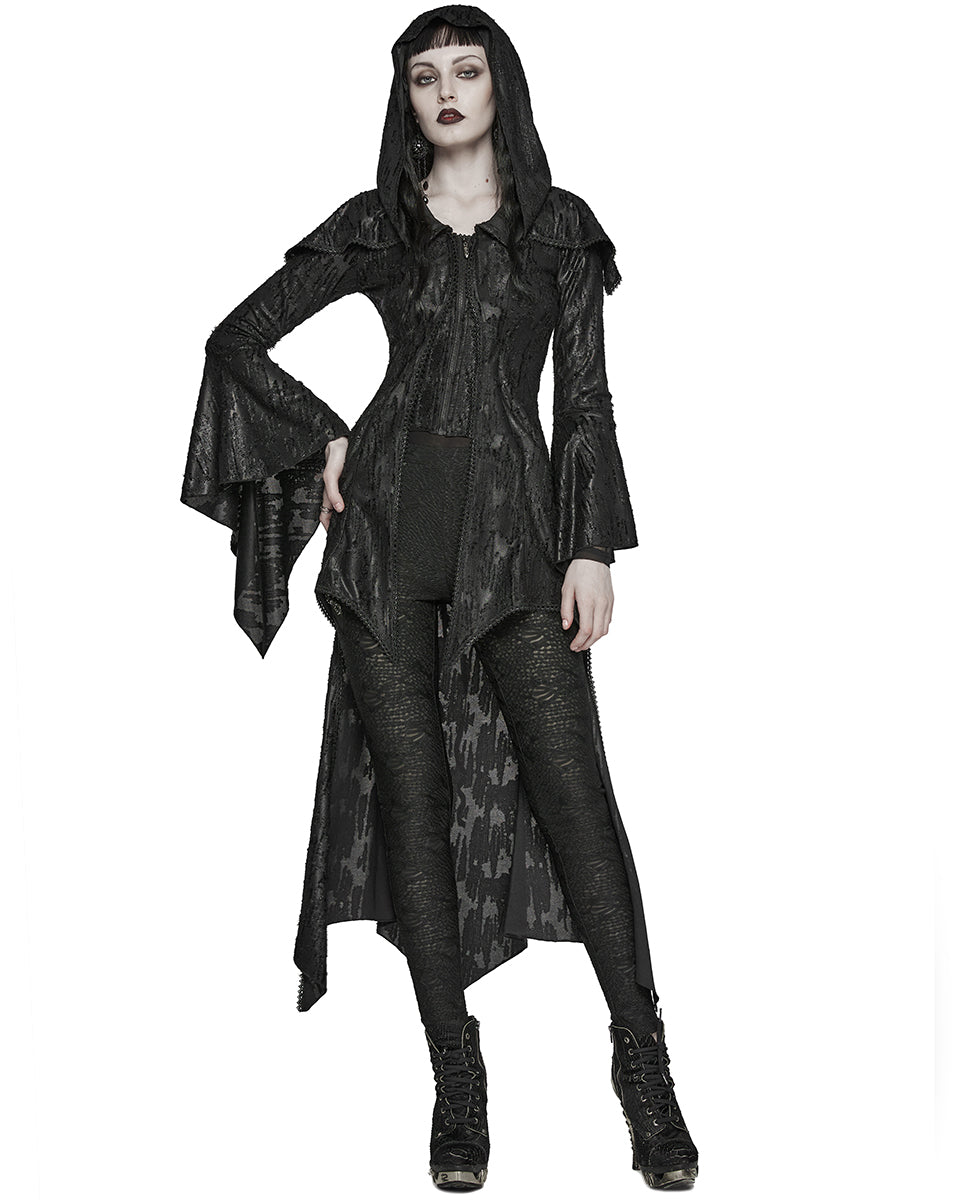 WY-1584ZCF-BKF Womens Long Gothic Witch Broken Knit Hooded Jacket