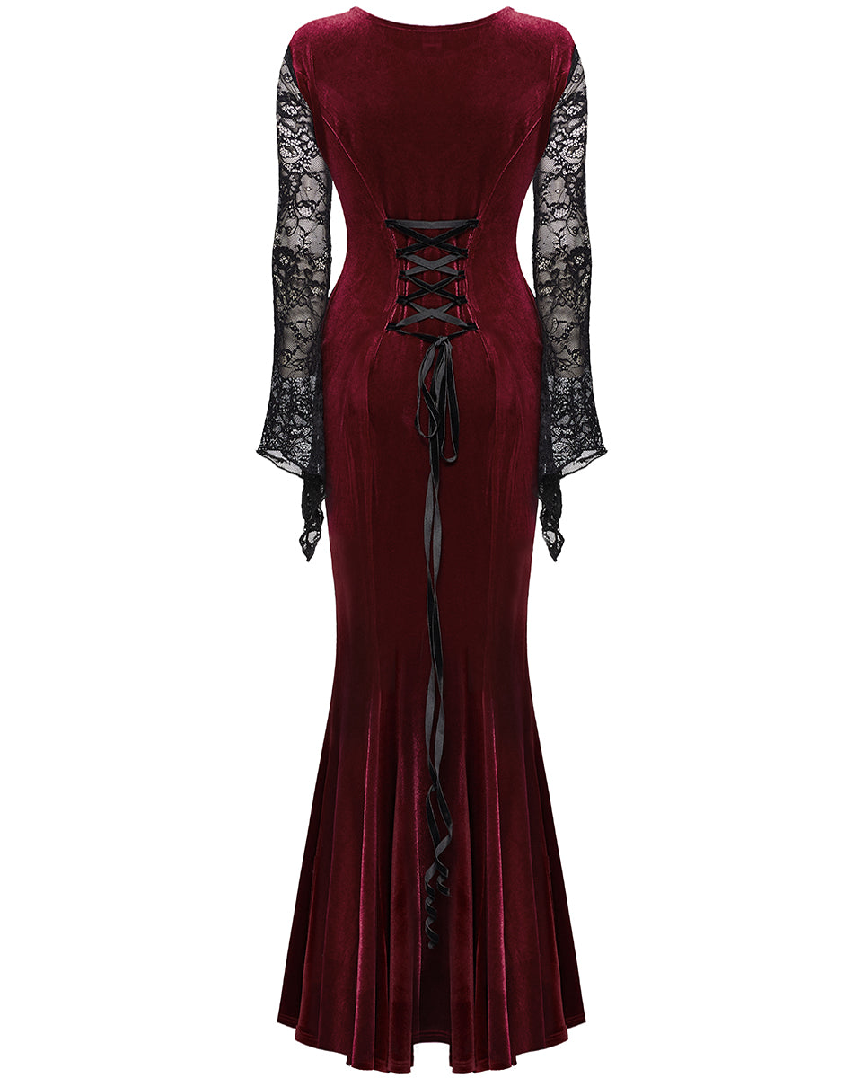 WQ-763LQF Womens Long Gothic Velvet & Lace Applique Maxi Dress - Red