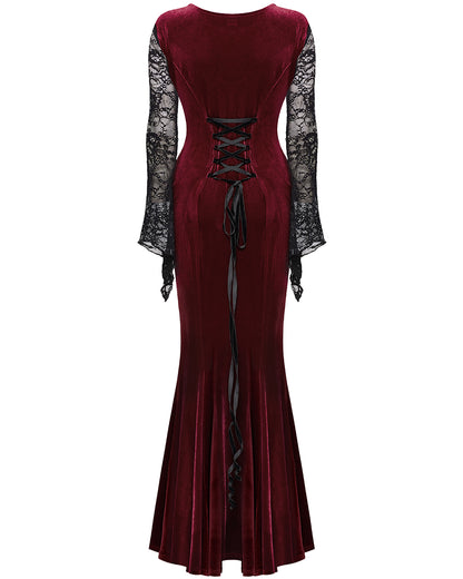 WQ-763LQF Womens Long Gothic Velvet & Lace Applique Maxi Dress - Red