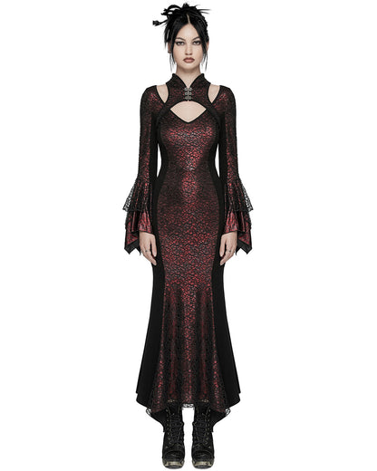 WQ-772LQF Womens Long Gothic Fitted Maxi Dress With Mesh Contrast - Red & Black