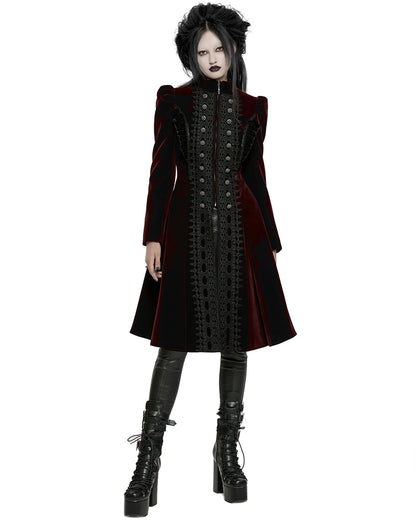 WY-1633XCF Womens Gothic Velvet Embellished Mid Length Military Coat - Red