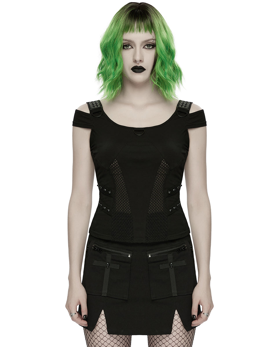 WT-1065TDF Womens Apocalyptic Gothic Studded Mesh Inset T-Shirt Top