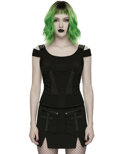 WT-1065TDF Womens Apocalyptic Gothic Studded Mesh Inset T-Shirt Top