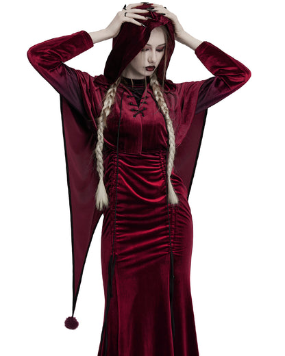 OPY-444DQF Daily Life Womens Velvet Gothic Lolita Hooded Split Tails Bolero Cape - Red
