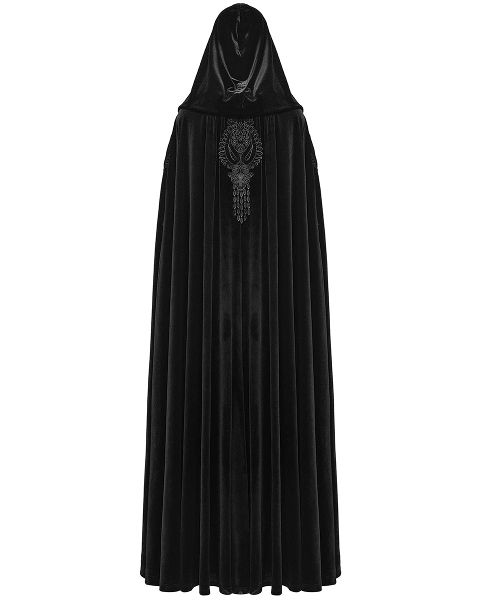 WY-1824DPF Womens Long Gothic Velvet & Lace Applique Hooded Cloak - Black