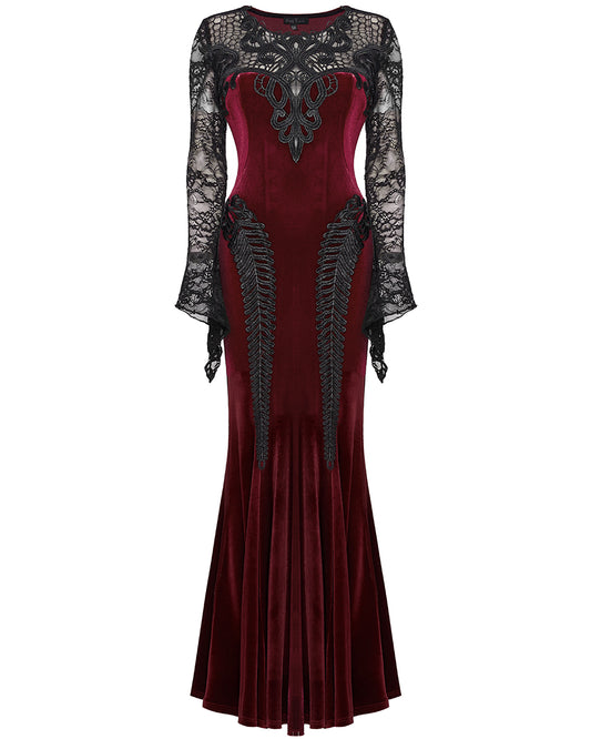 WQ-763LQF Womens Long Gothic Velvet & Lace Applique Maxi Dress - Red