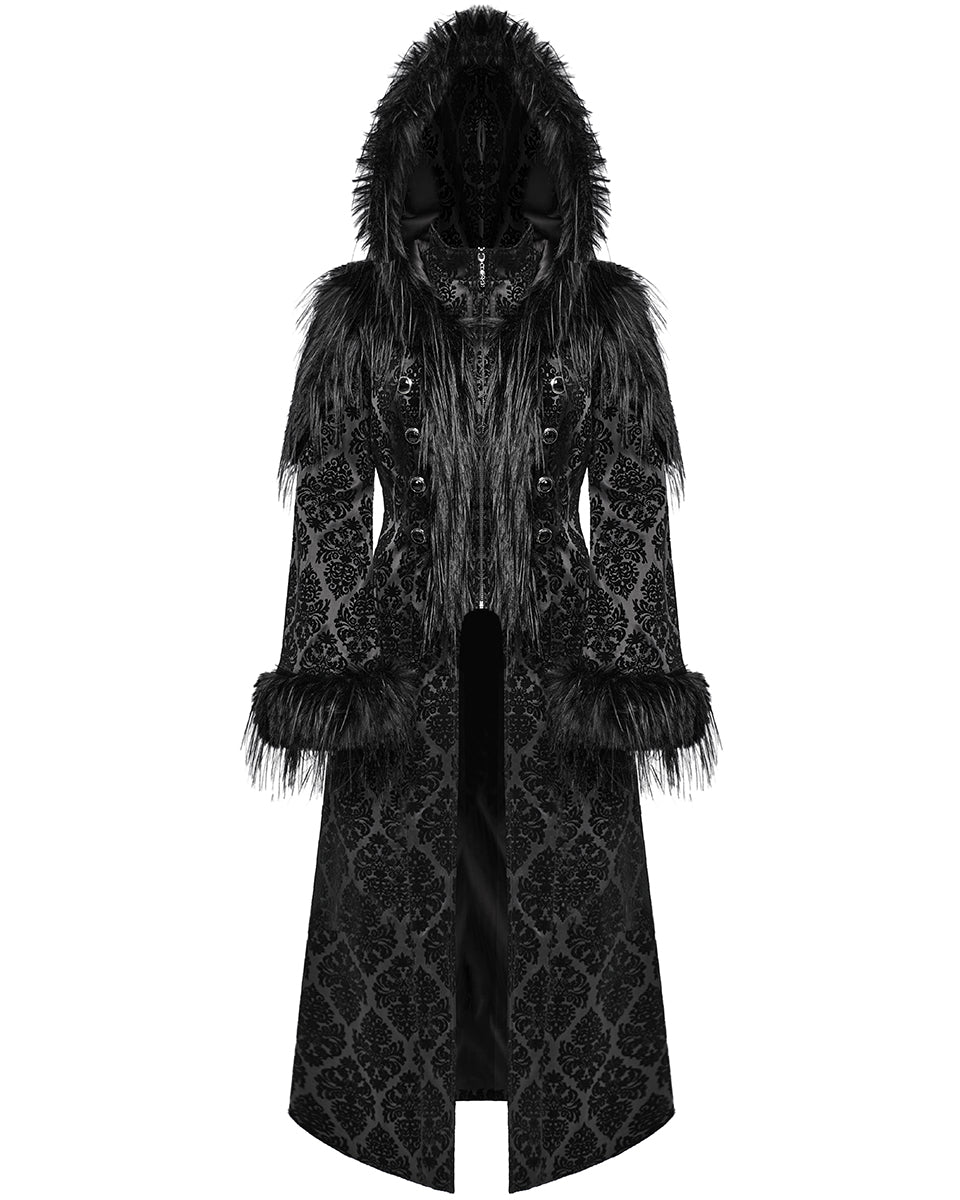 WY-1651LCF Womens Long Gothic Damask & Faux Fur Hooded Coat