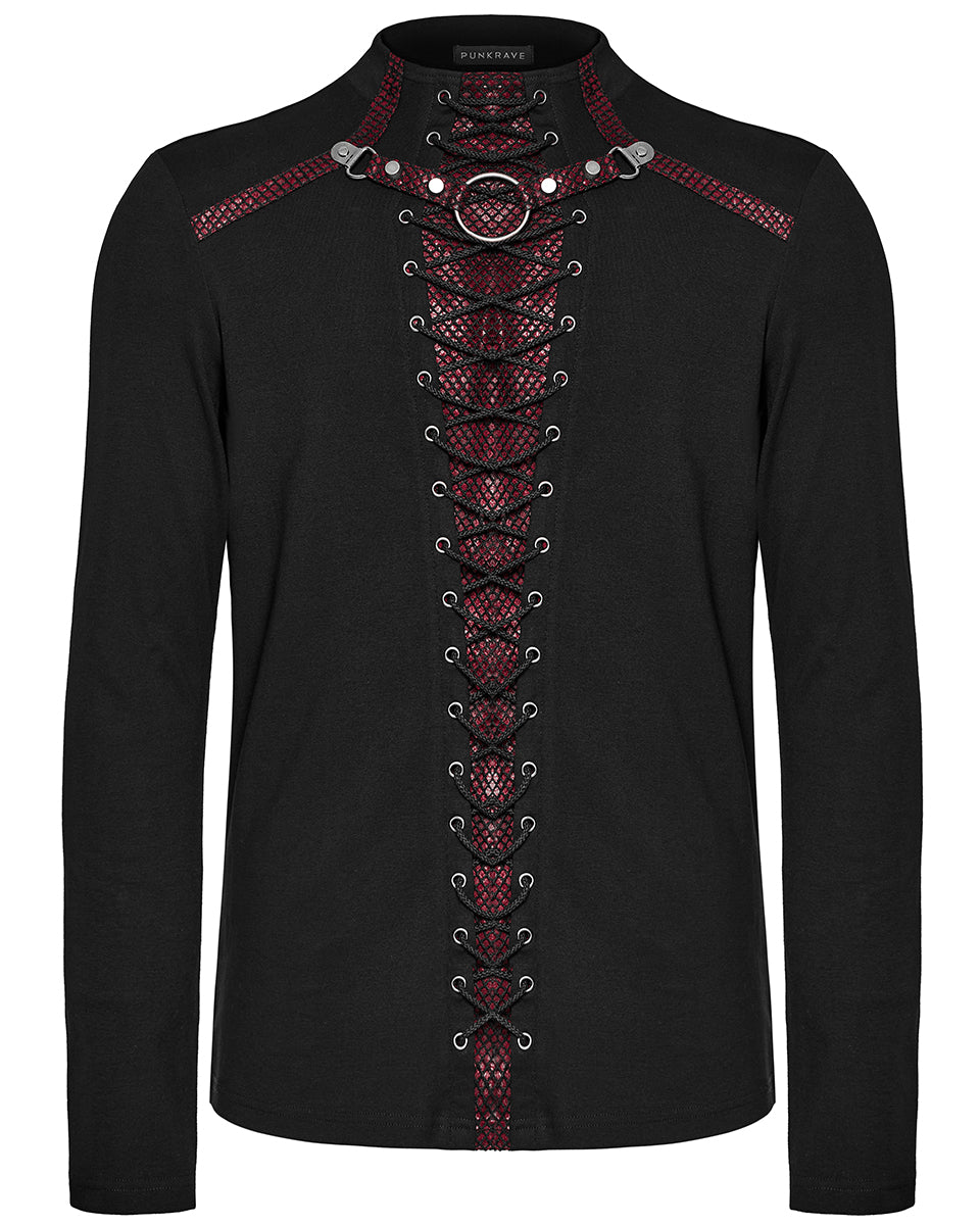 WT-896TCM-BKRDM Mens Dark Punk Lace-Up Mesh Inset Top - Black & Red