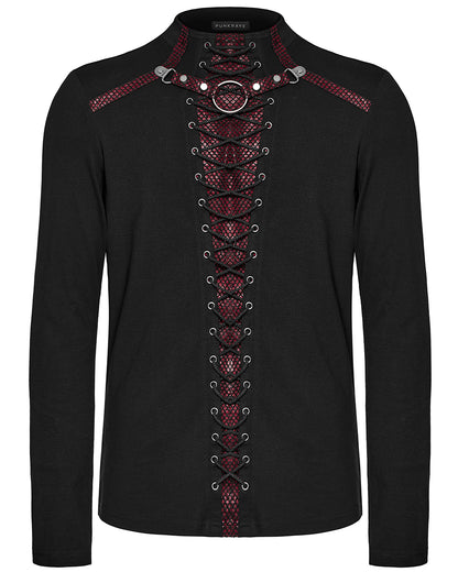 WT-896TCM-BKRDM Mens Dark Punk Lace-Up Mesh Inset Top - Black & Red