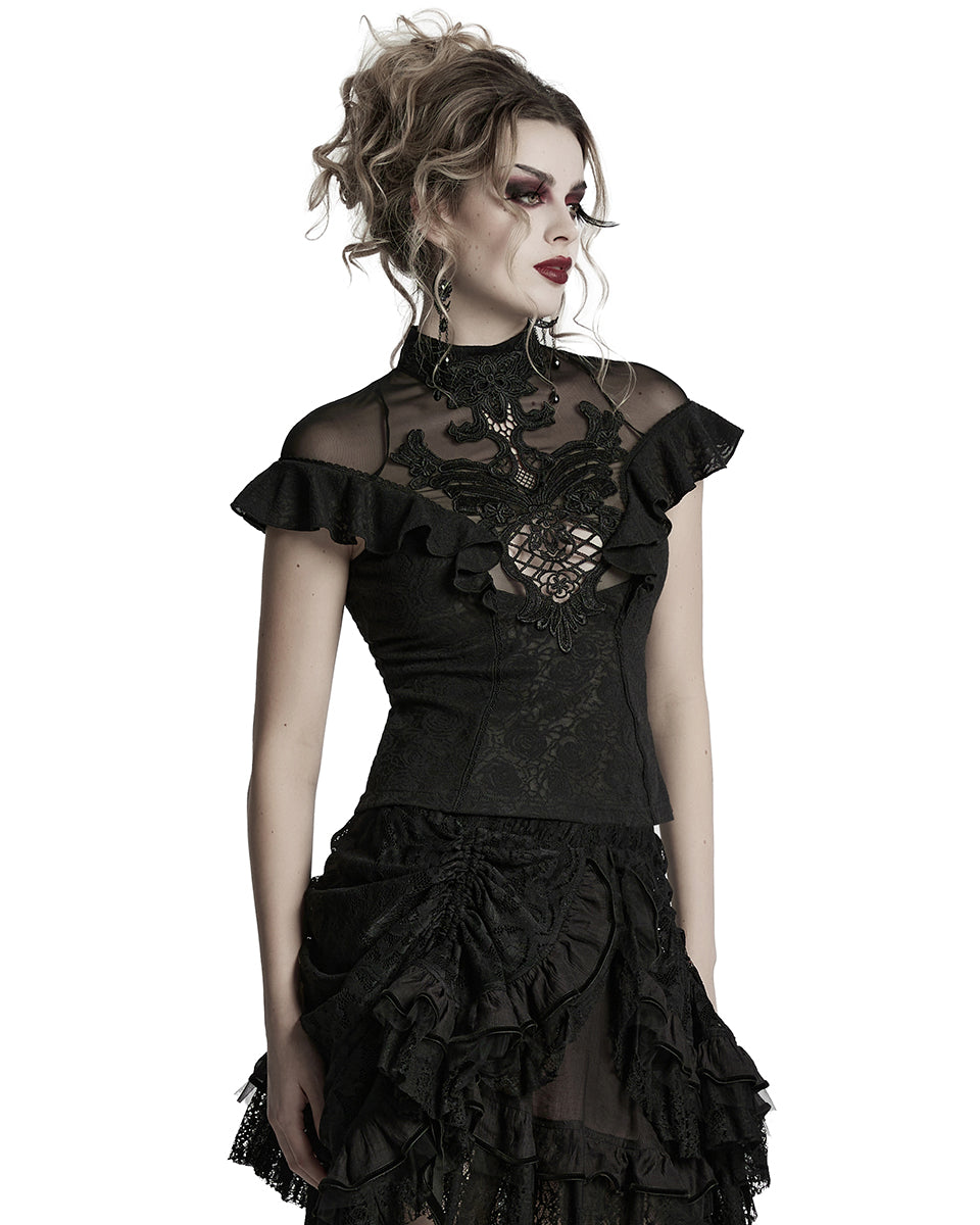 WT-1004TDF-BKF Womens Elegant Gothic Floral Lace Applique Blouse Top