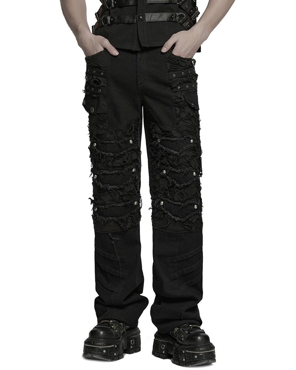 WK-707XCM-BKM Mens Apocalptic Gothic Studded Shredded Mesh Inset Pants