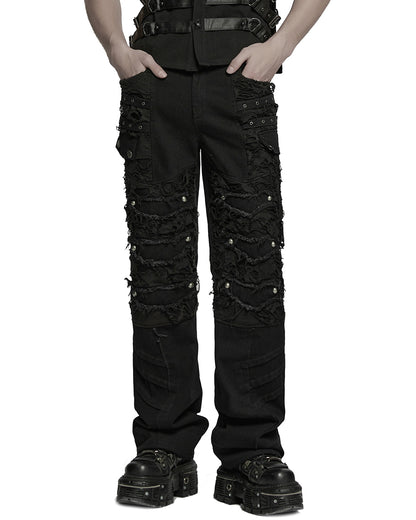 WK-707XCM-BKM Mens Apocalptic Gothic Studded Shredded Mesh Inset Pants