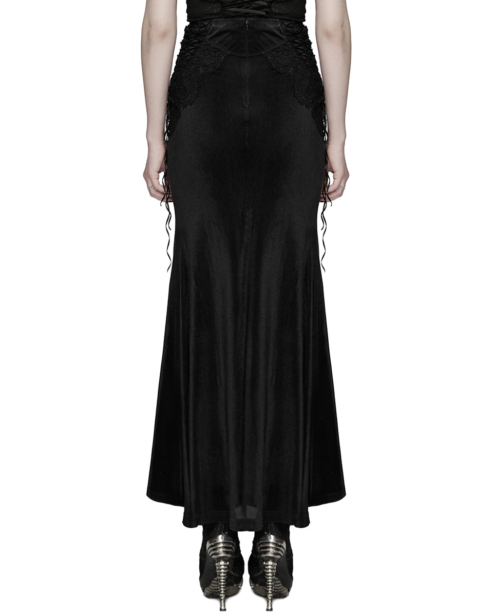 PR-WQ-929BQF-BKF Womens Long Gothic Velvet & Lace Applique Maxi Skirt