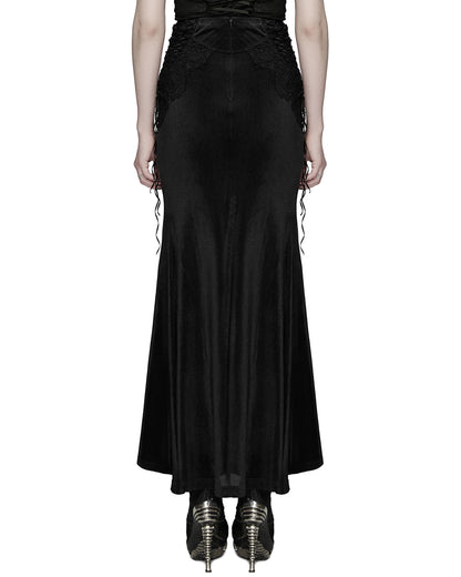 PR-WQ-929BQF-BKF Womens Long Gothic Velvet & Lace Applique Maxi Skirt