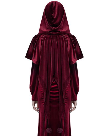 OPY-444DQF Daily Life Womens Velvet Gothic Lolita Hooded Split Tails Bolero Cape - Red