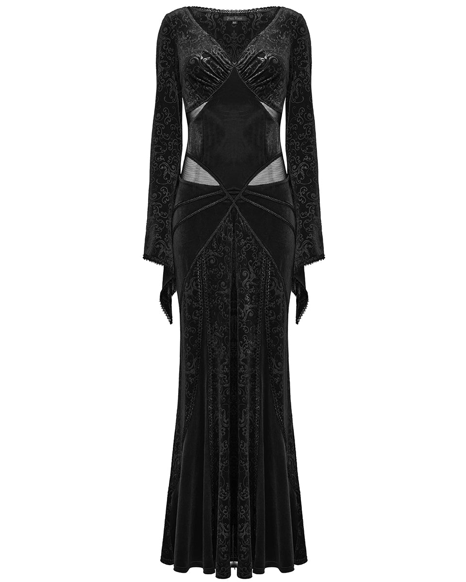 WQ-741LQF Womens Long Baroque Gothic Embossed Velvet Maxi Dress - Black