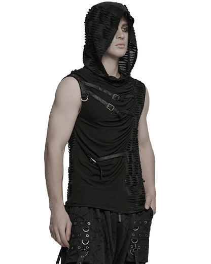 WT-1003BXM-BKM Mens Apocalyptic Gothic Spliced & Shredded Hooded Tank Top Vest