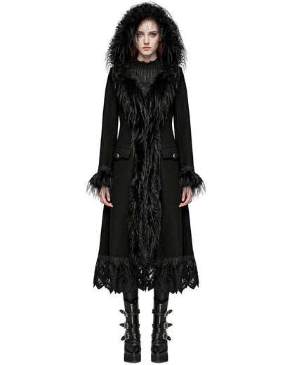 PR-DY-1509ECF-BKF Womens Gothic Winter Fur & Lace Trimmed Hooded Coat - Extended Size Range