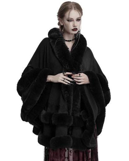 OM-092HMF Daily Life Womens Plush & Faux Fur Hooded Winter Cloak - Black