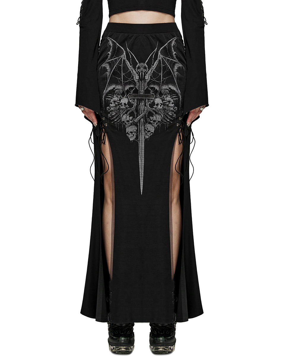 PR-WQ-671BQF-BKF Womens Demonica Printed Gothic Mesh Skirt