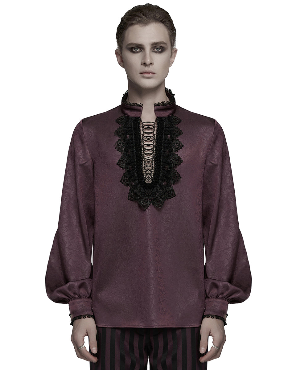 PR-WY-1785 Mens Gothic Embossed Print Lace-Up Pirate Shirt - Red