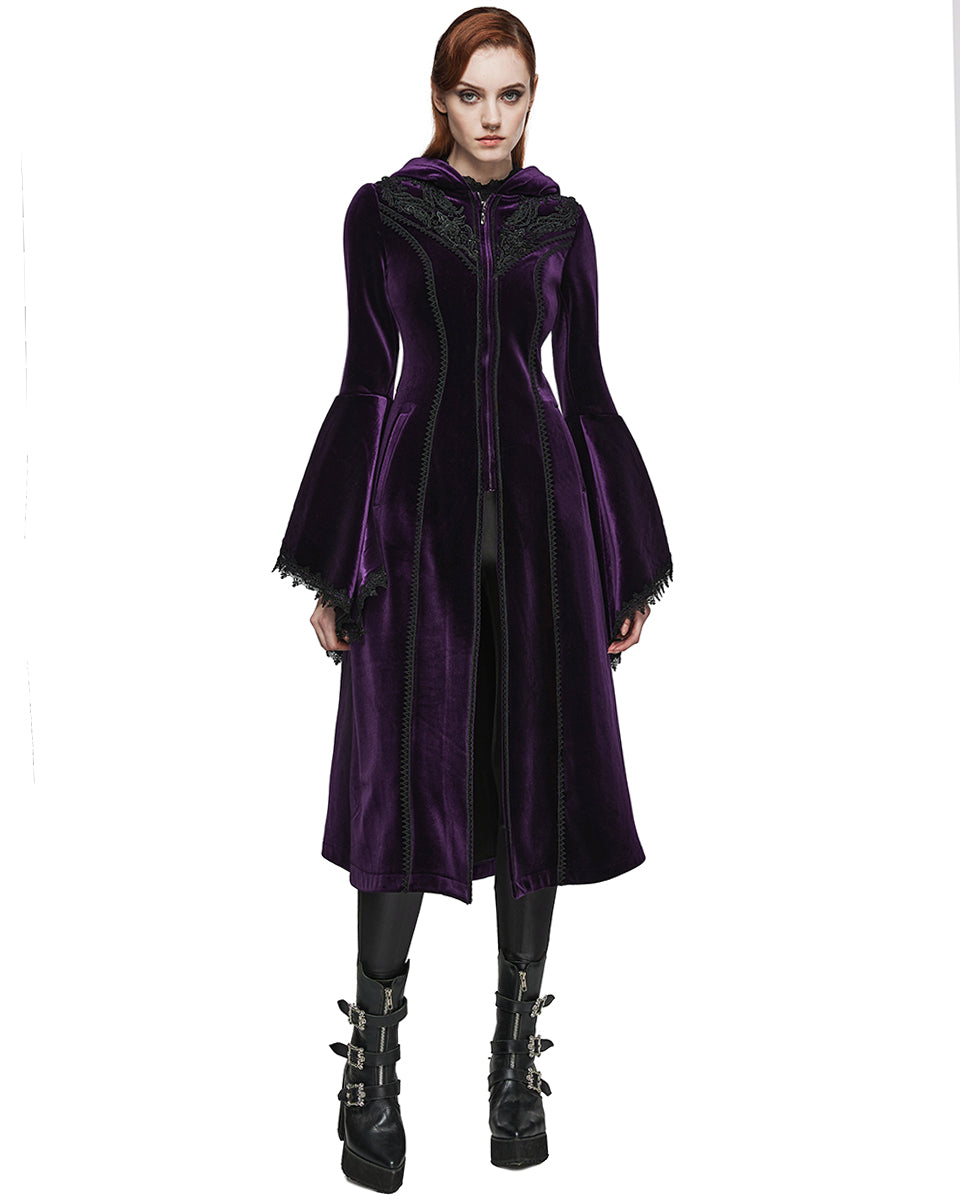 PR-DY-1510LCF-BKVIF Womens Gorgeous Gothic Lace Applique Hooded Coat - Extended Size Range - Purple Velvet