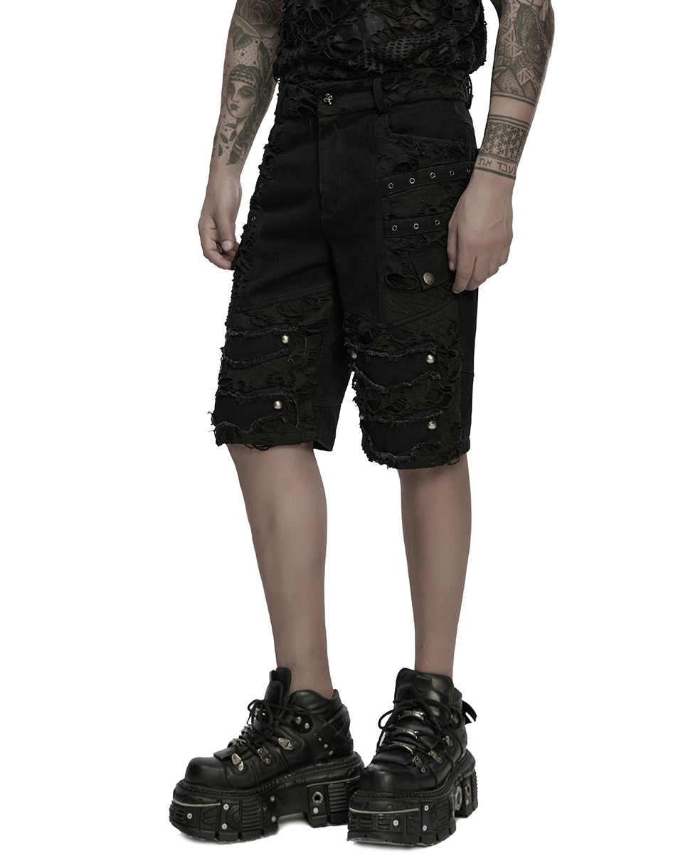 WK-733XDM-BKM Mens Apocalyptic Punk Studded & Shredded Cutoff Shorts