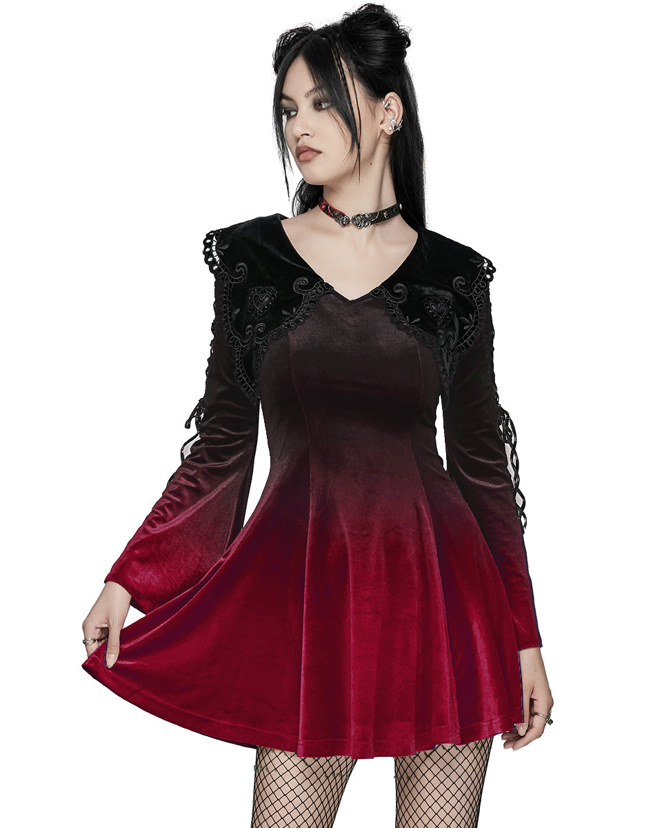 WQ-770LQF Womens Gothic Velvet Mini Dress With Oversize Embellished Collar - Red & Black Gradient