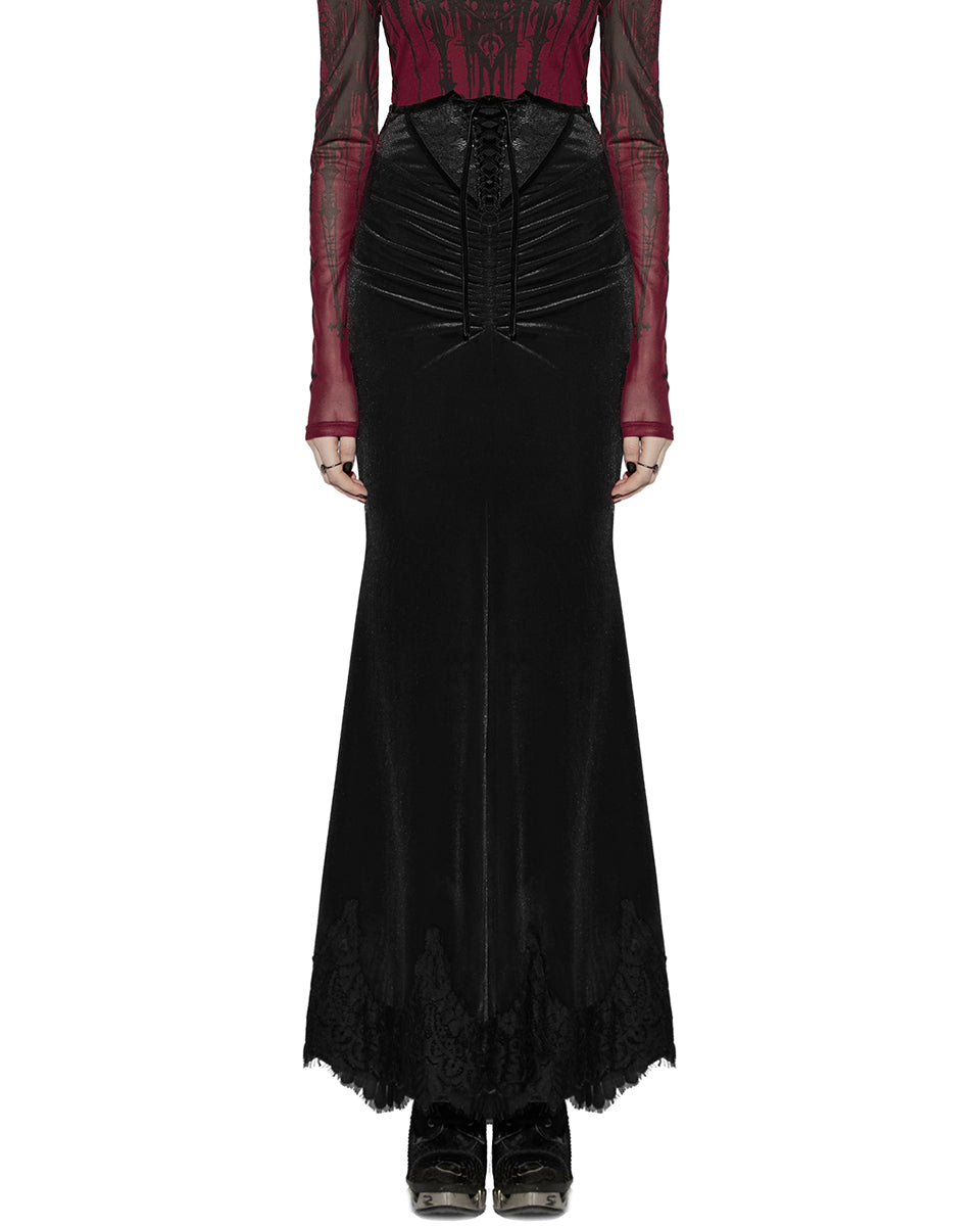 PR-OQ-844BQF-BKF Daily Life Womens Long Gothic Velvet Ruched Split Waist Skirt - Black