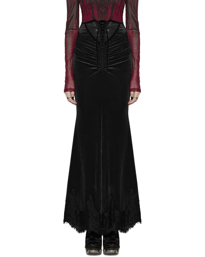 PR-OQ-844BQF-BKF Daily Life Womens Long Gothic Velvet Ruched Split Waist Skirt - Black