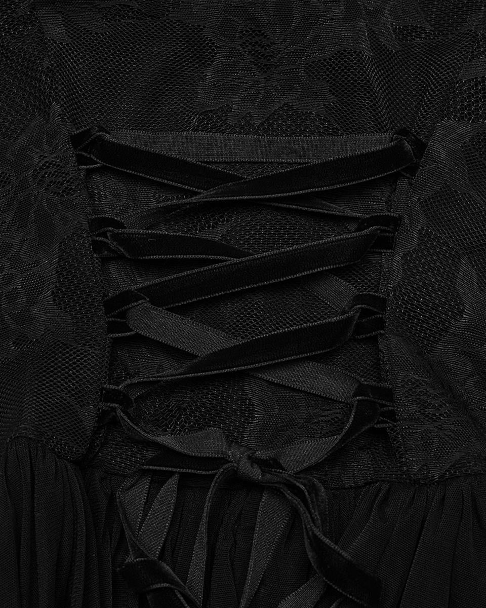 OQ-805LQF Daily Life Long Gothic Rose Lace & Pleated Mesh Lace Up Maxi Dress