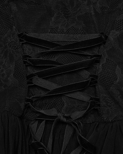 OQ-805LQF Daily Life Long Gothic Rose Lace & Pleated Mesh Lace Up Maxi Dress