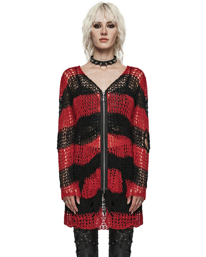 PR-WM-077KMF-RDF Womens Gothic Striped Shredded Cardigan Sweater - Red & Black