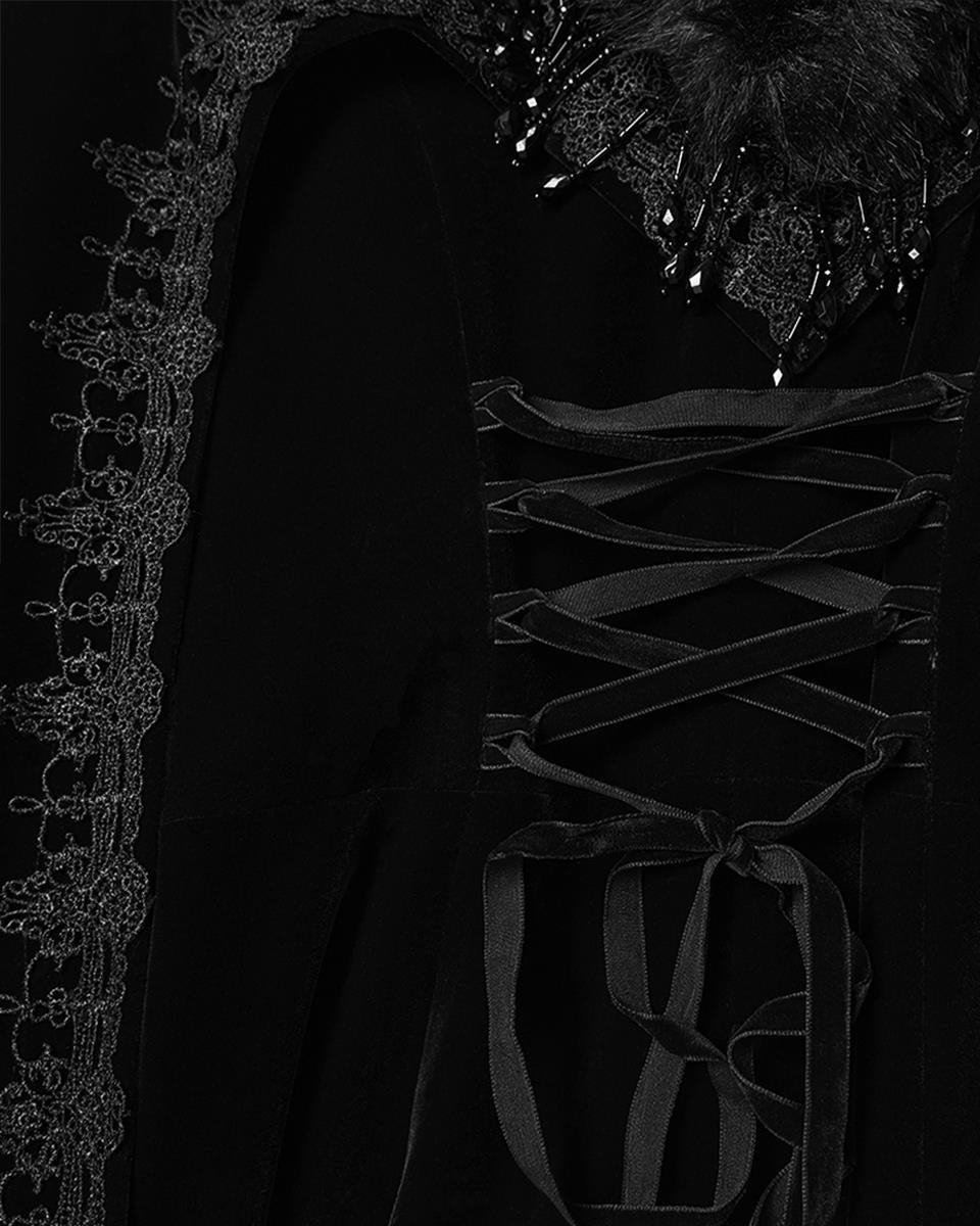 WY-1811DPF Womens Long Elegant Gothic Velvet & Faux Fur Beaded Cloak Coat