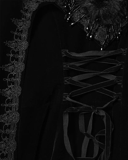 WY-1811DPF Womens Long Elegant Gothic Velvet & Faux Fur Beaded Cloak Coat