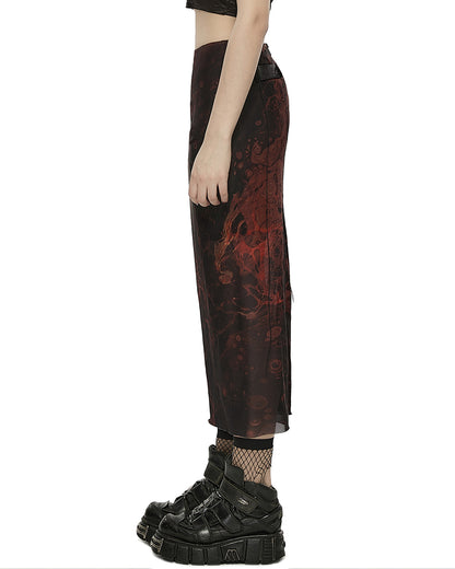 OPQ-1401 Daily Life Womens Cyberpunk Layered Gauze Midi Skirt - Black & Red