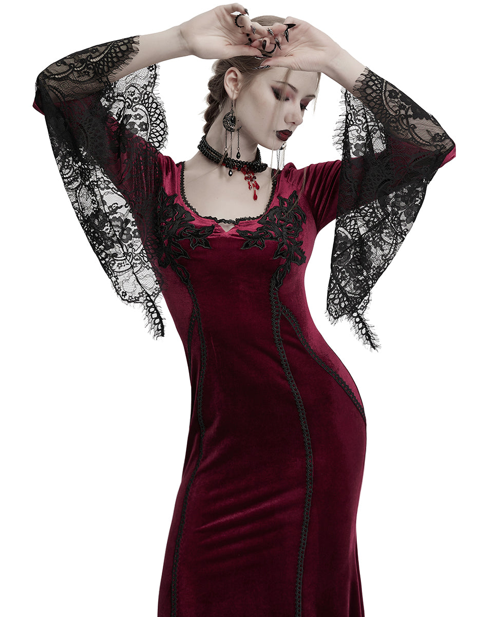OQ-850LQF Daily Life Womens Long Gothic Velvet Applique Maxi Dress - Red