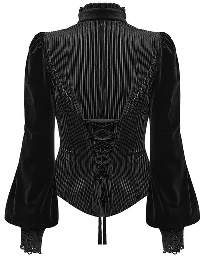 WY-1798CCF Womens Elegant Gothic Striped Velvet & Lace Applique Blouse Top - Black