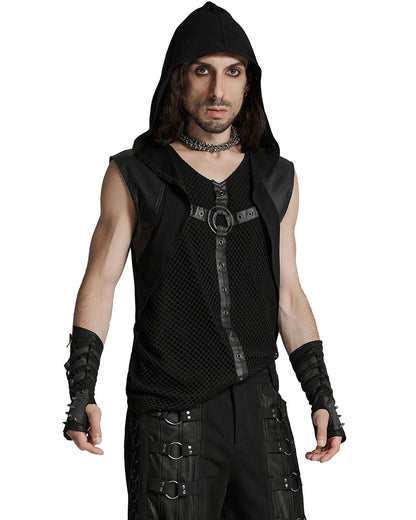 WT-936BXM Mens Apocalyptic Cyberpunk Mesh Overlay Hooded Tank Top Vest