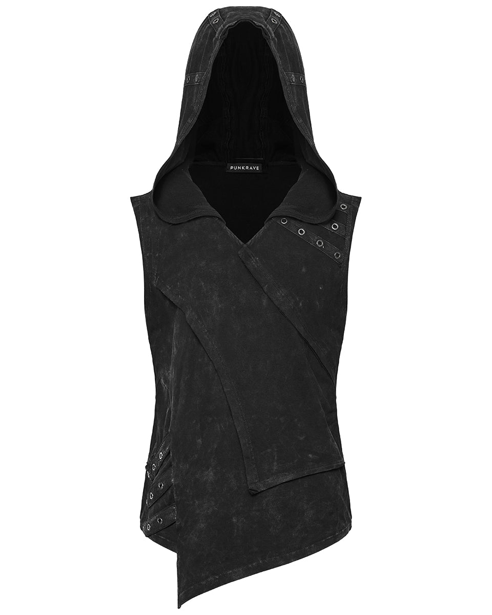 PR-T770-BKM Mens Distressed Apocalyptic Gothic Asymmetric Hooded Tank Top Vest