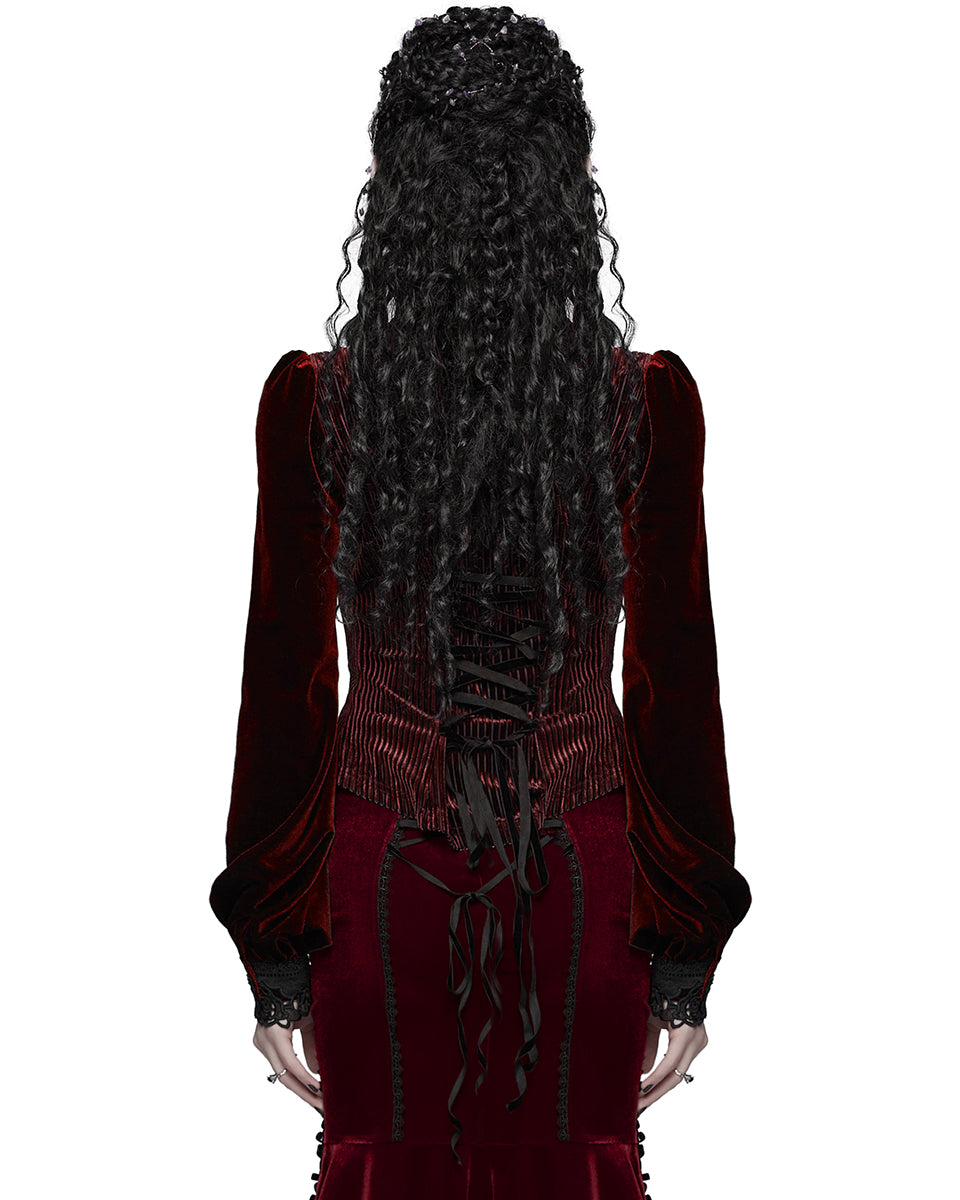 WY-1798CCF Womens Elegant Gothic Striped Velvet & Lace Applique Blouse Top - Red