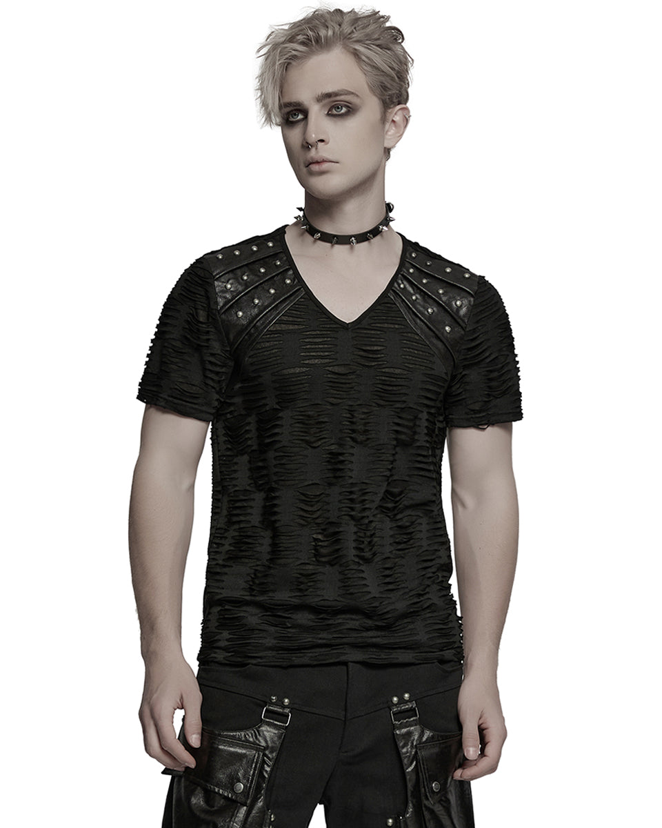 WT-1011TDM-BKM Mens Apocalyptic Gothic Shredded & Studded Broken Knit T Shirt Top