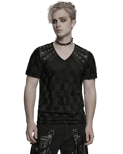 WT-1011TDM-BKM Mens Apocalyptic Gothic Shredded & Studded Broken Knit T Shirt Top