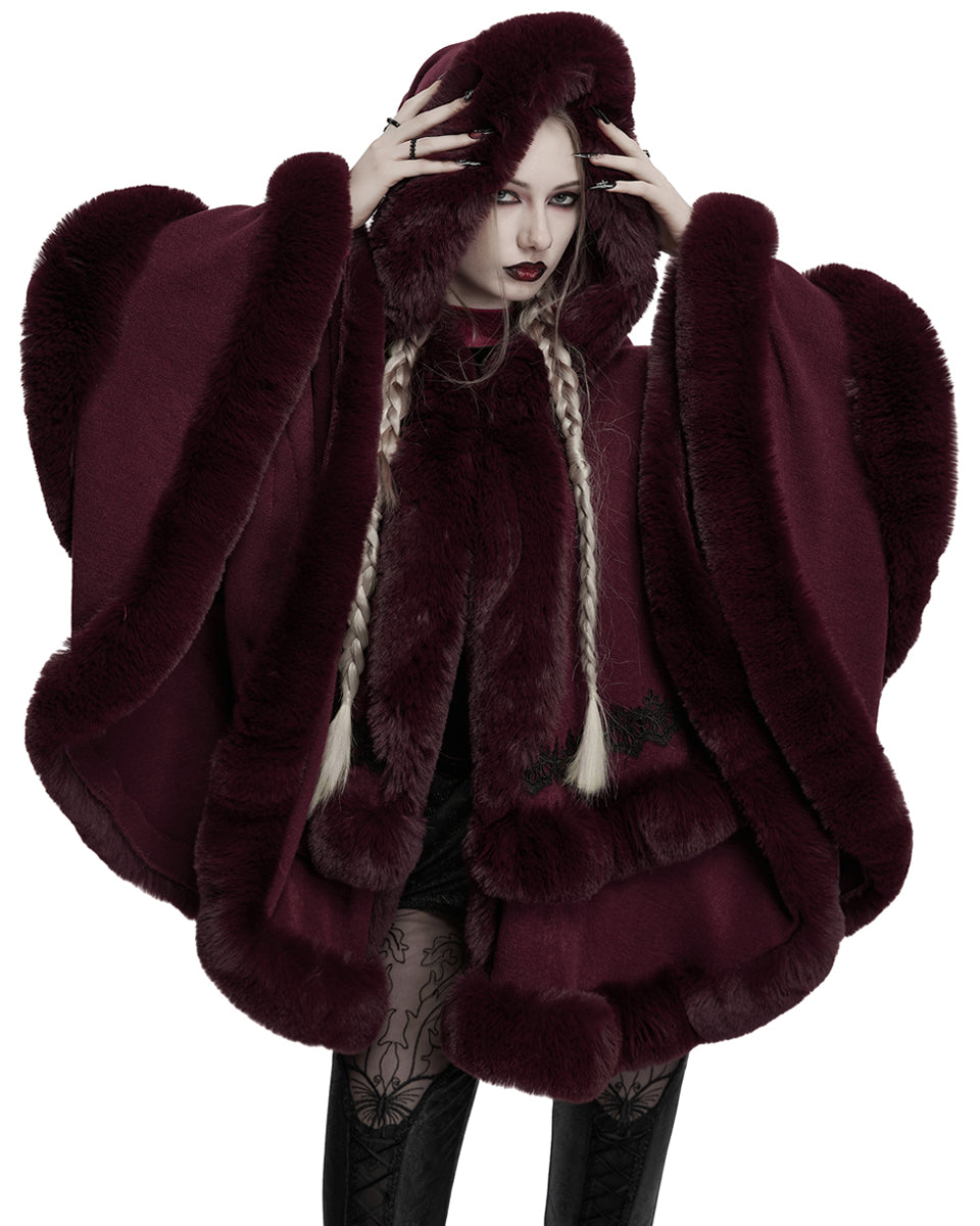 OM-092HMF Daily Life Womens Plush & Faux Fur Hooded Winter Cloak - Red