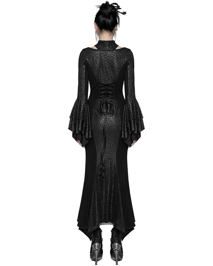 WQ-772LQF Womens Long Gothic Fitted Maxi Dress With Mesh Contrast - Black