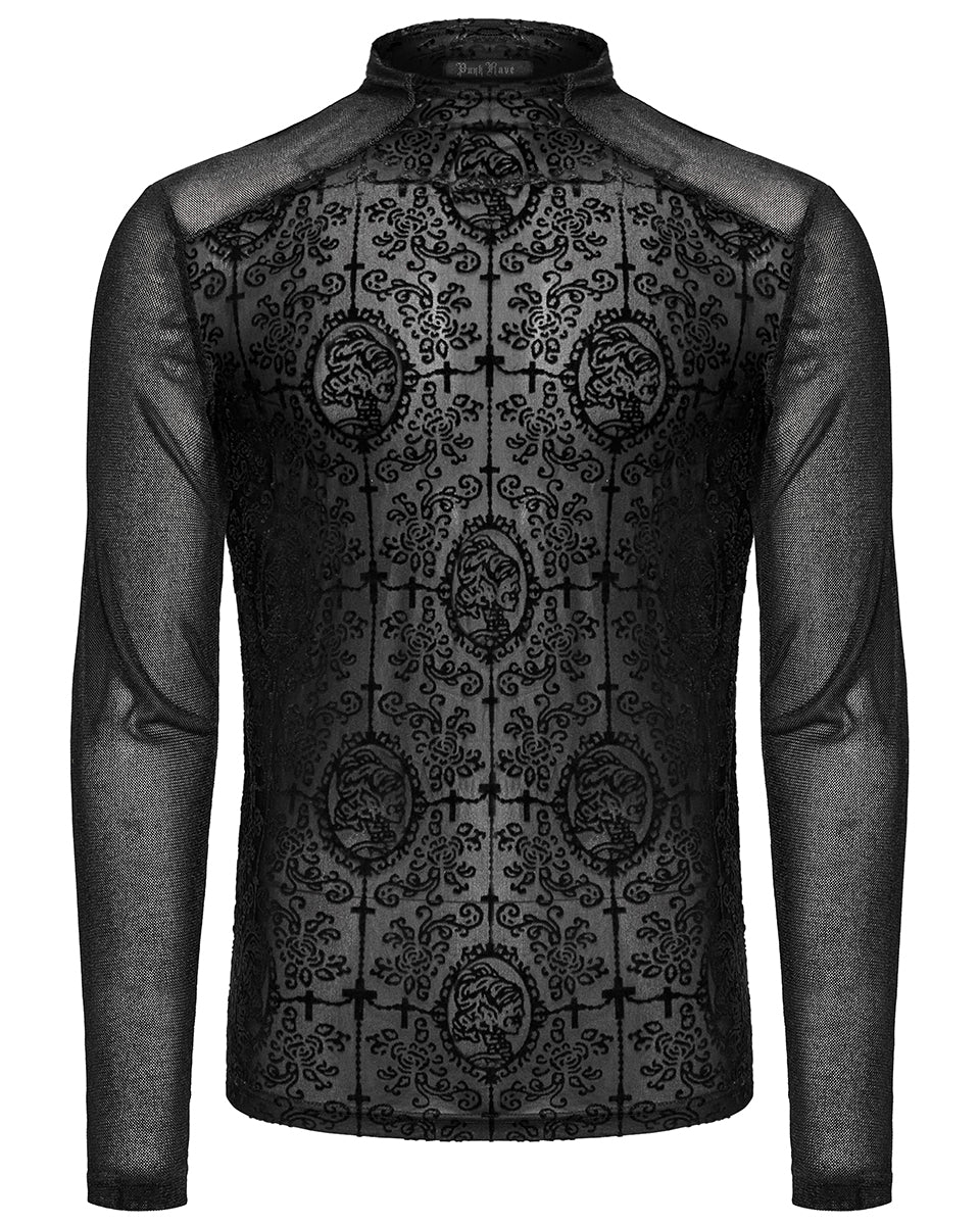 WT-907TCM-BKM Mens Gothic Skull Cameo Mesh Long Sleeve Tee